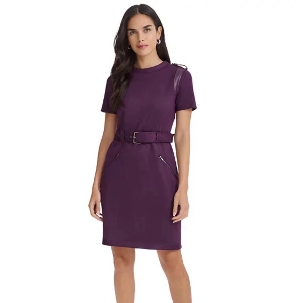 Calvin Klein Sheath Dress Women 10 New Faux Suede Belted Purple MSRP $139